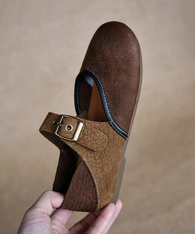 Coffee Cowhide Leather Women Splicing Flat Shoes