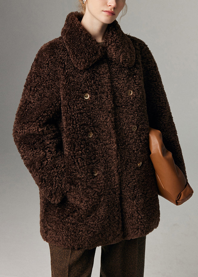 Coffee Double Breast Pockets Teddy Faux Fur Coat Peter Pan Collar