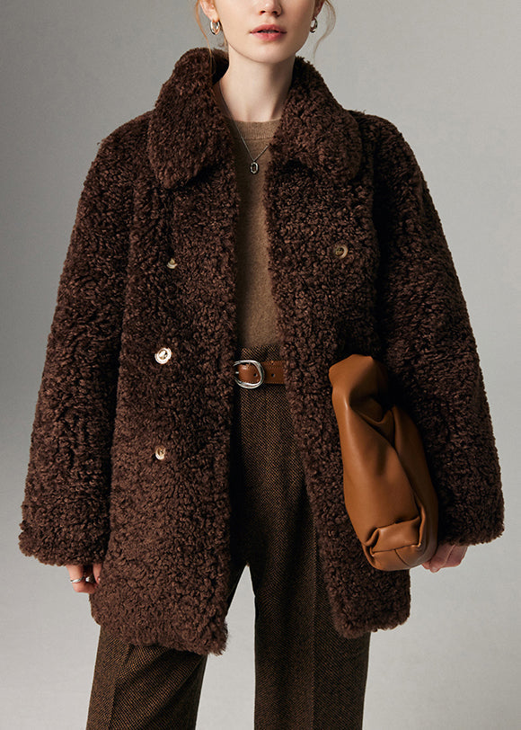 Coffee Double Breast Pockets Teddy Faux Fur Coat Peter Pan Collar