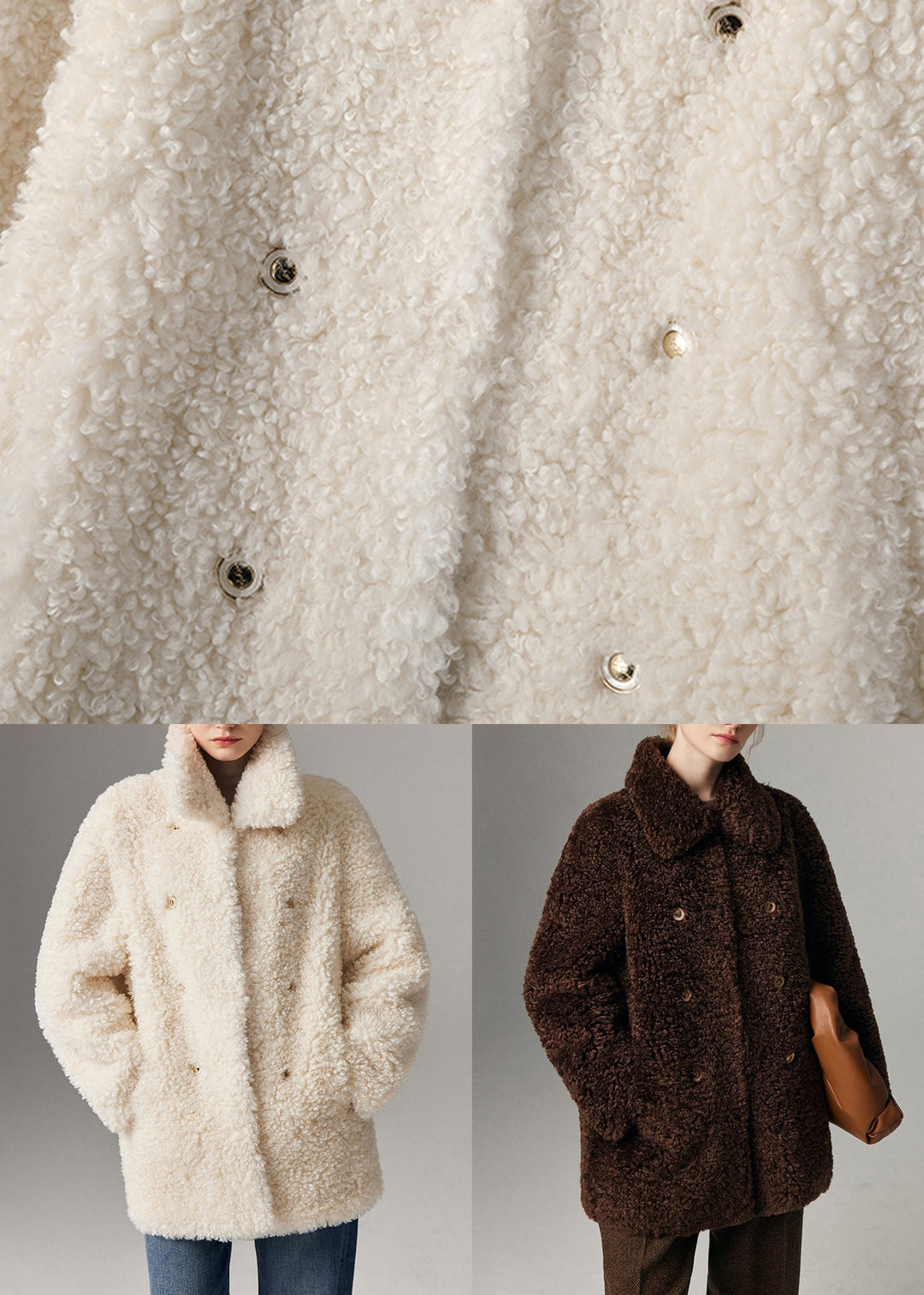 Coffee Double Breast Pockets Teddy Faux Fur Coat Peter Pan Collar