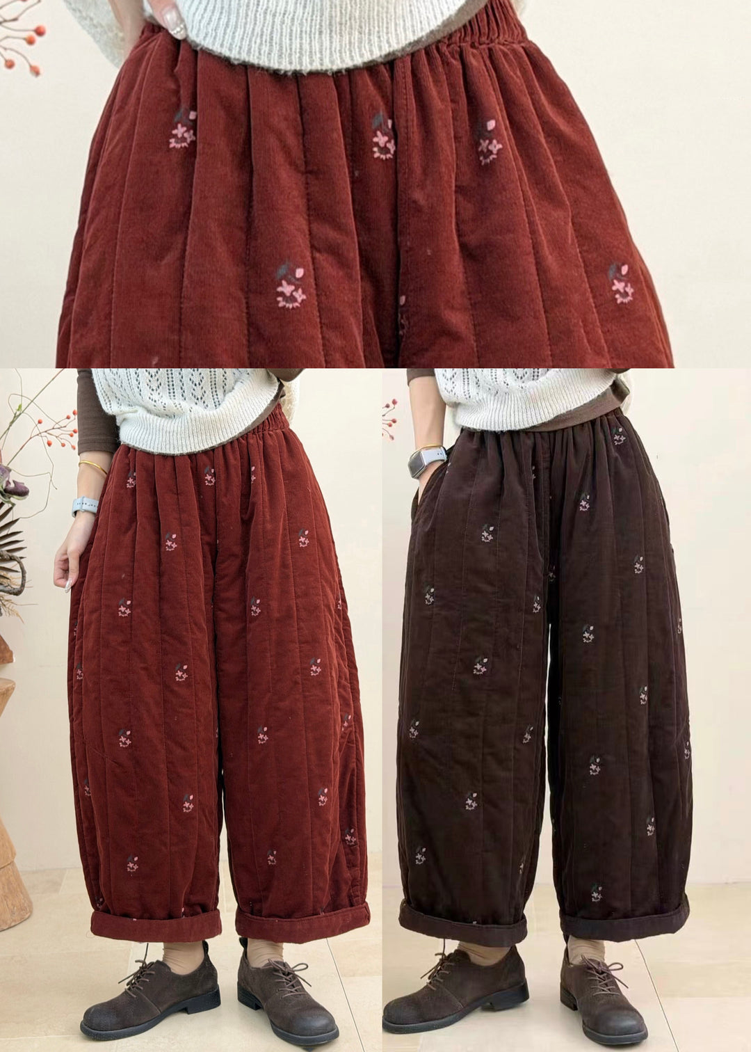 Coffee Embroidered Crop Pants Elastic Waist Corduroy Cotton Filled Fall