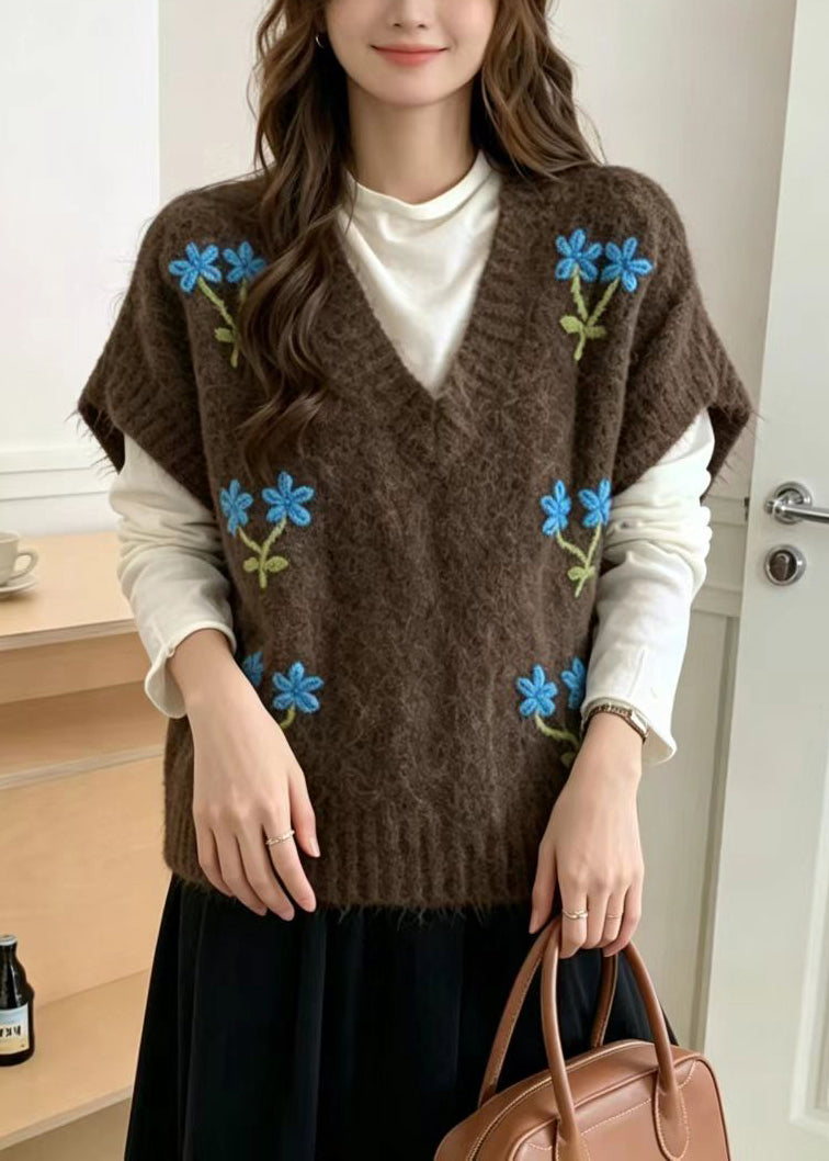 Coffee Embroidered Floral Knit Waistcoat V Neck Sleeveless