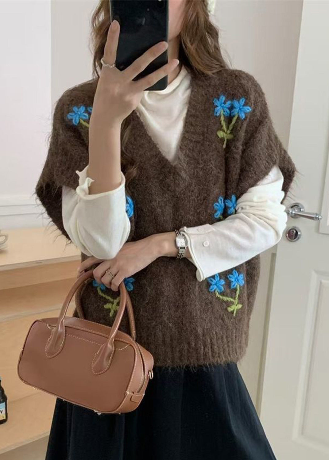 Coffee Embroidered Floral Knit Waistcoat V Neck Sleeveless