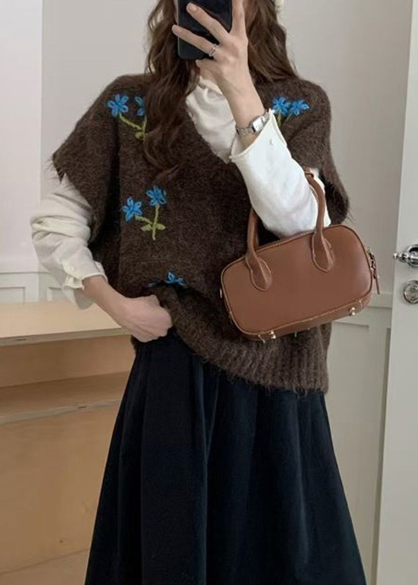 Coffee Embroidered Floral Knit Waistcoat V Neck Sleeveless