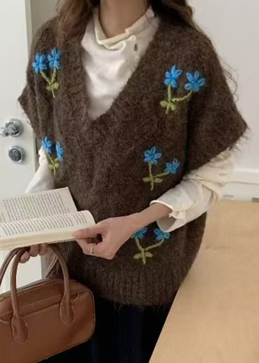 Coffee Embroidered Floral Knit Waistcoat V Neck Sleeveless