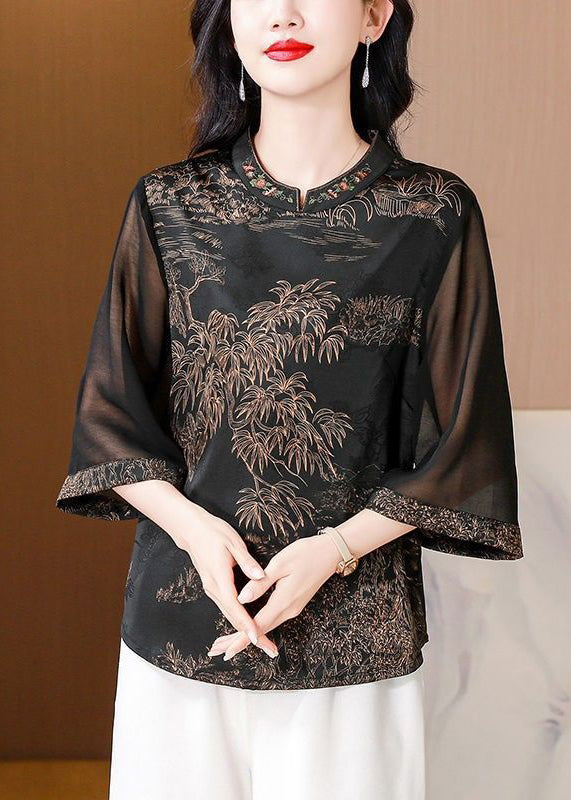 Coffee Embroidered Print Silk Shirt Stand Collar Summer