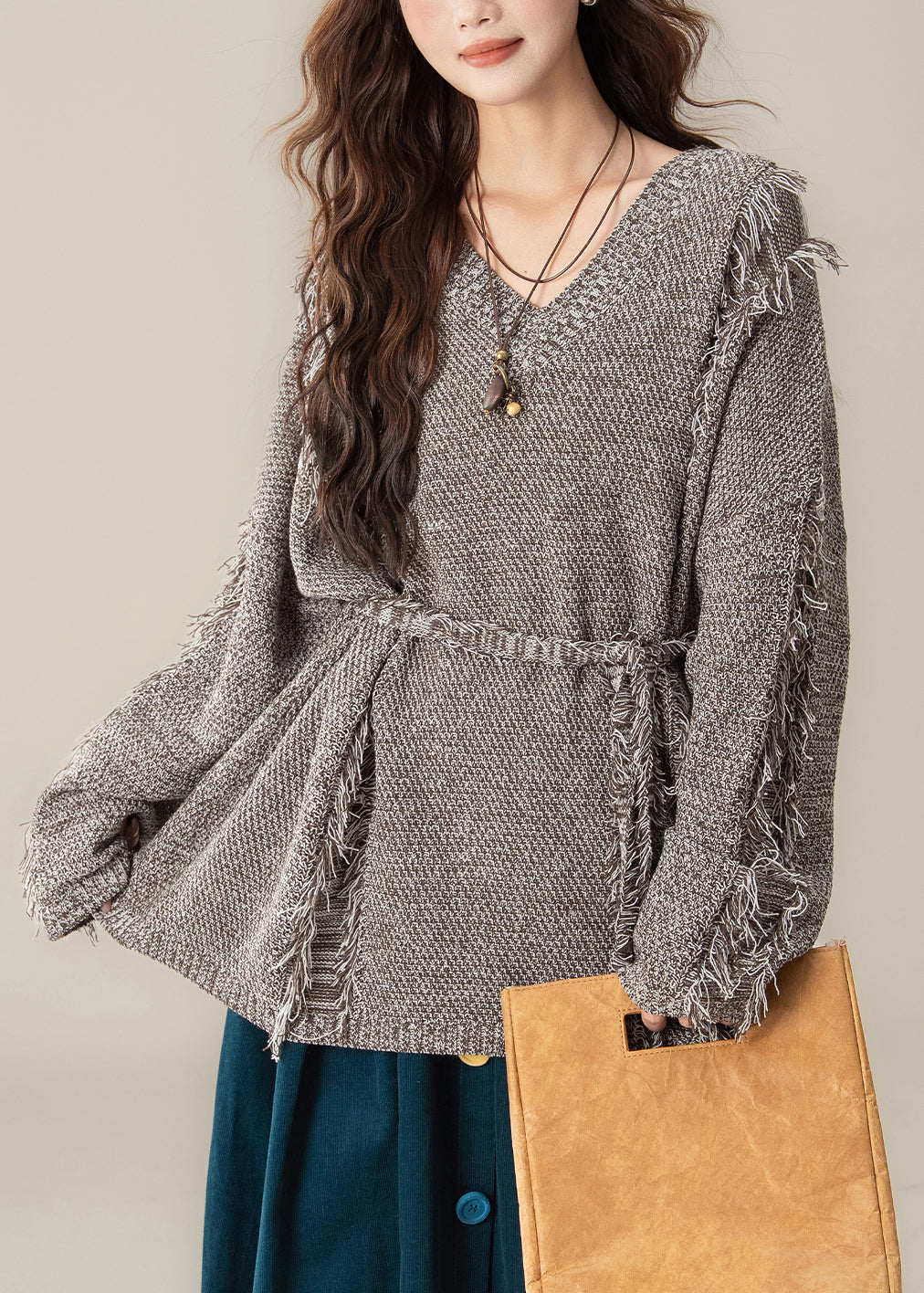 Coffee Hole Frayed Edge Knit Pullover Sweater V Neck