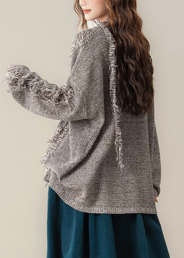 Coffee Hole Frayed Edge Knit Pullover Sweater V Neck