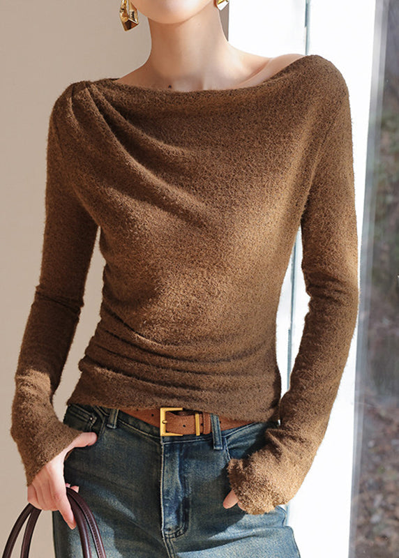 Coffee Hollow Out Knit T Shirts Long Sleeve