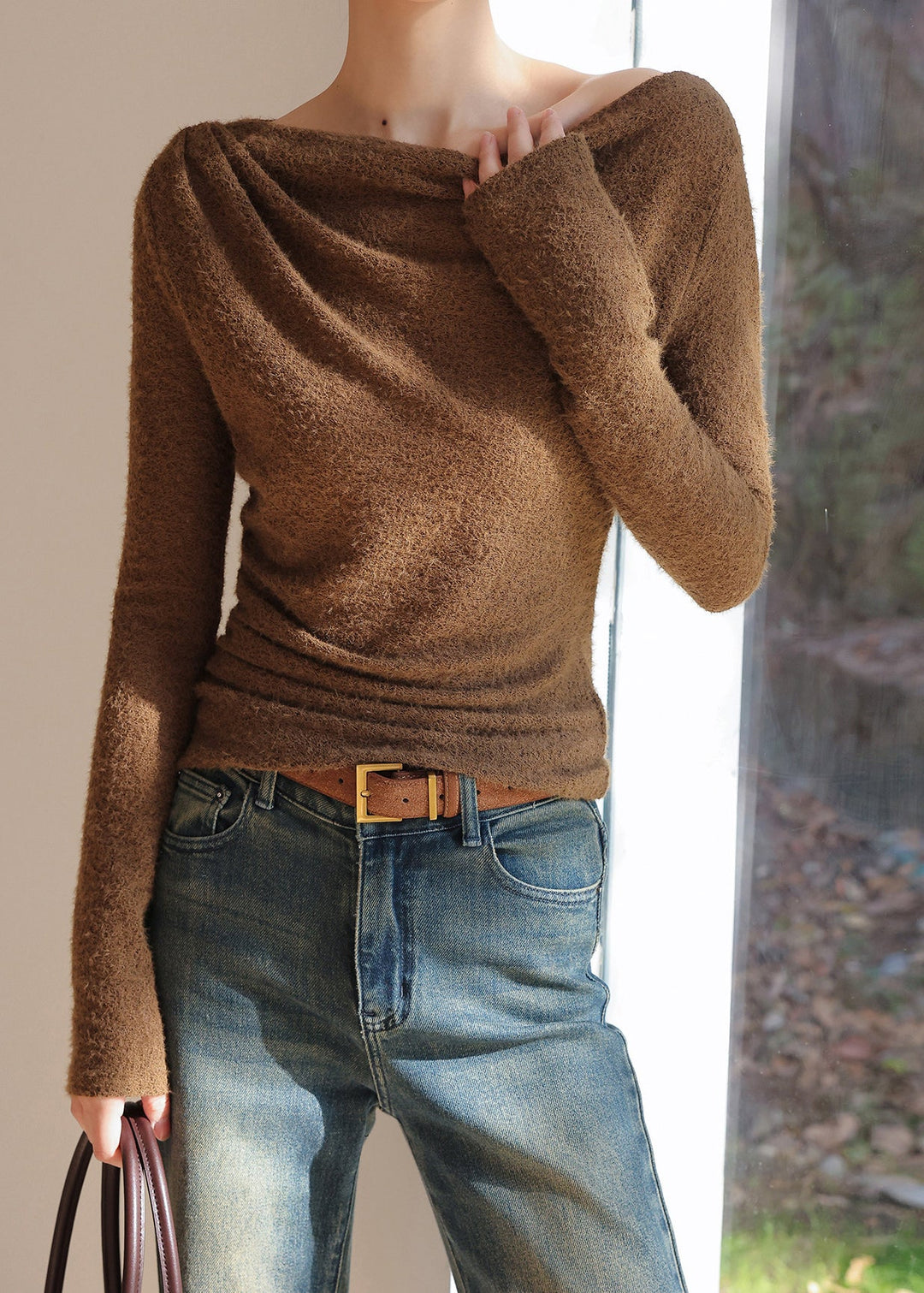 Coffee Hollow Out Knit T Shirts Long Sleeve