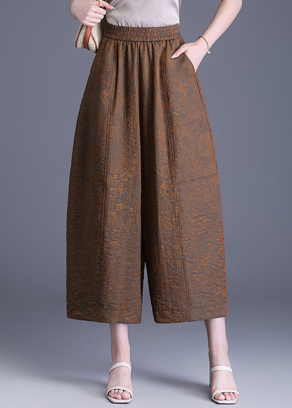Coffee Jacquard High Waist Wide Leg Crop Pants Summer