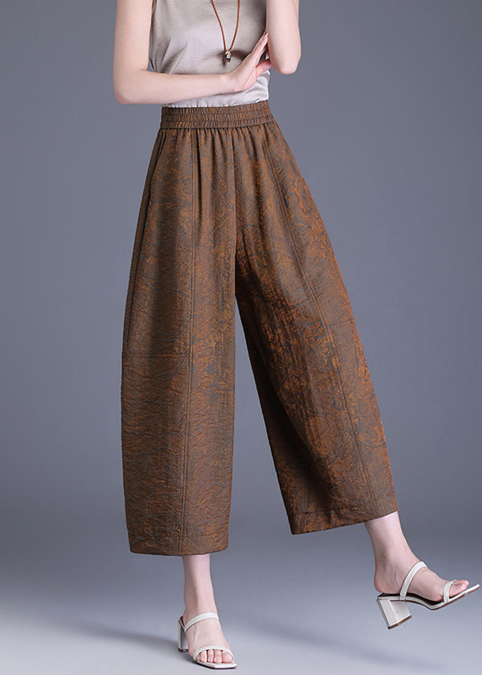 Coffee Jacquard High Waist Wide Leg Crop Pants Summer