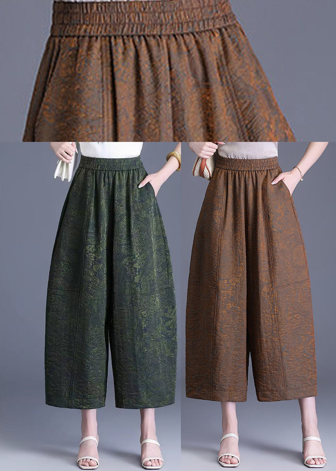 Coffee Jacquard High Waist Wide Leg Crop Pants Summer