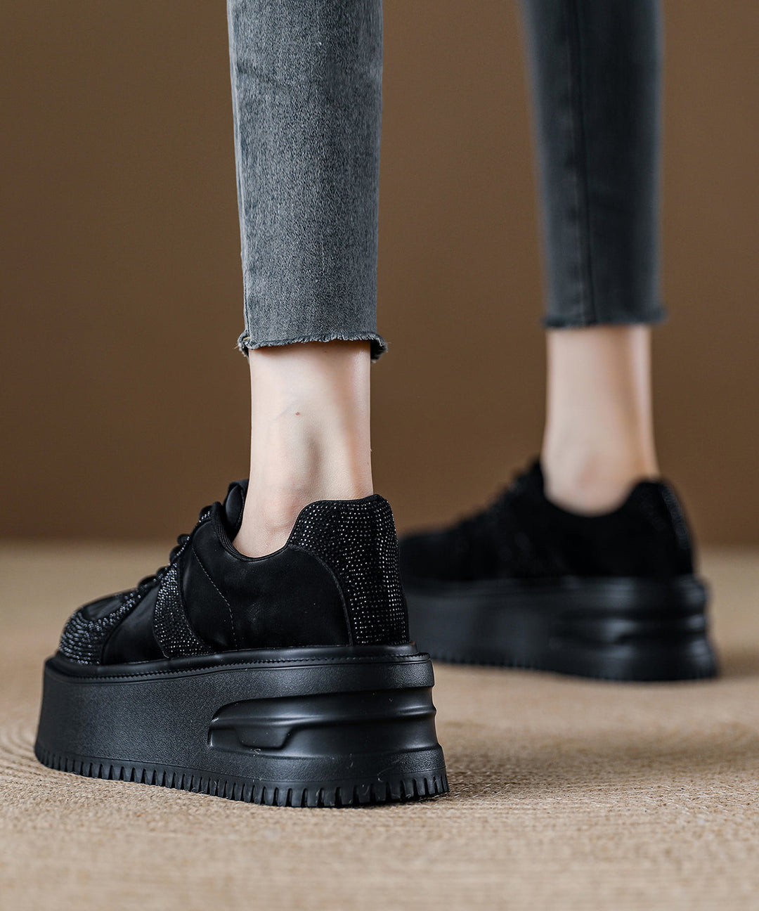 Coffee Lace Up Suede Zircon Splicing Flat Feet Shoes