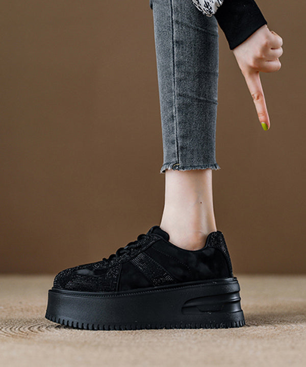 Coffee Lace Up Suede Zircon Splicing Flat Feet Shoes