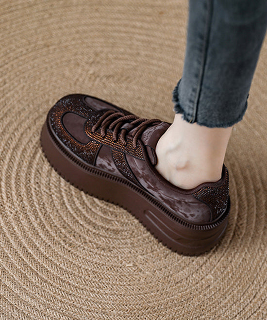 Coffee Lace Up Suede Zircon Splicing Flat Feet Shoes