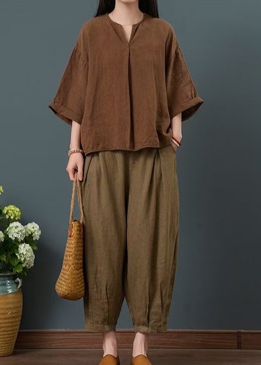 Coffee Linen Two Piece Suit Set Oversized Bracelet Sleeve