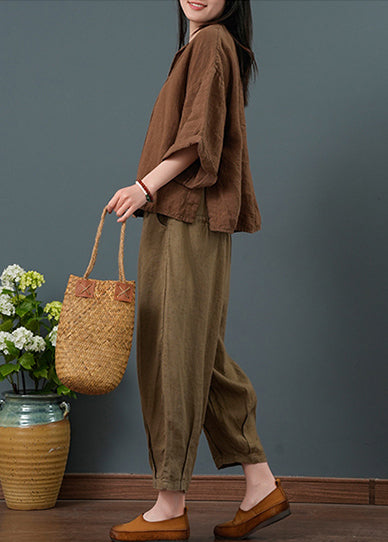 Coffee Linen Two Piece Suit Set Oversized Bracelet Sleeve