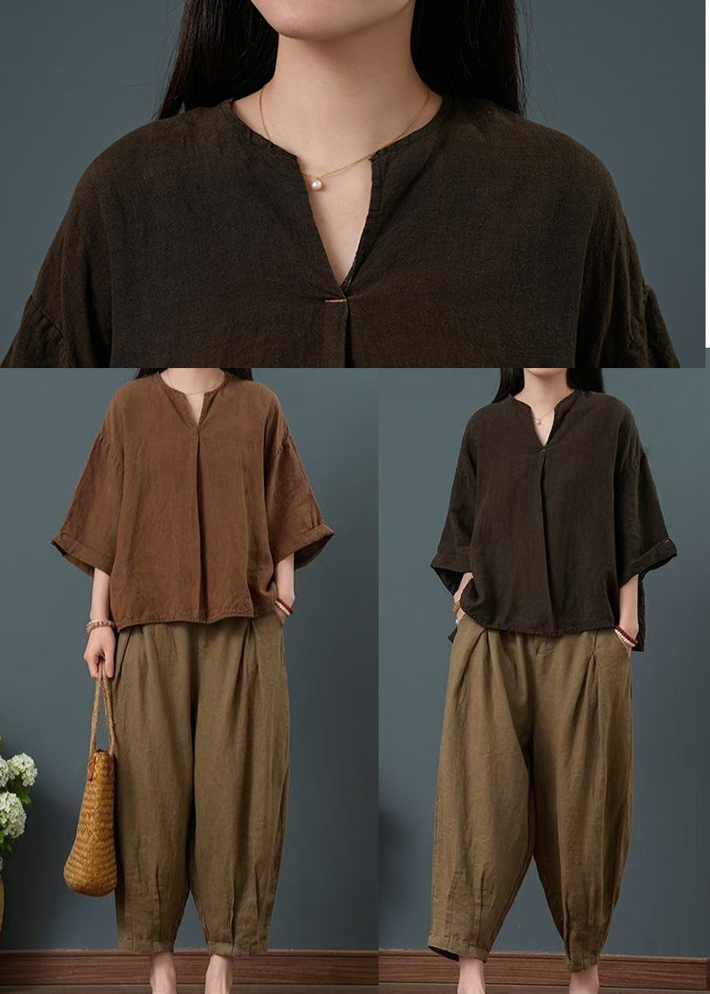Coffee Linen Two Piece Suit Set Oversized Bracelet Sleeve