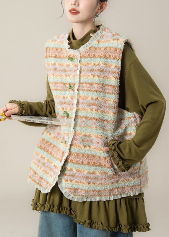 Coffee Patchwork Button Faux Fur Waistcoat Sleeveless