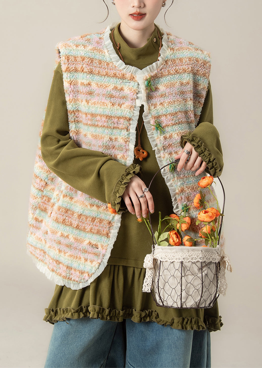 Coffee Patchwork Button Faux Fur Waistcoat Sleeveless