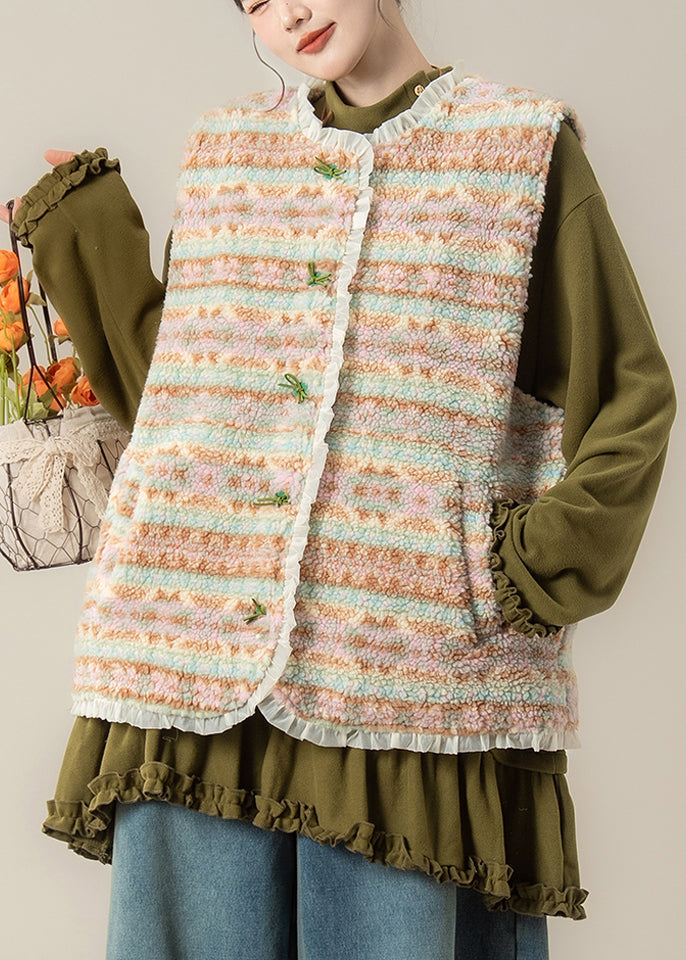 Coffee Patchwork Button Faux Fur Waistcoat Sleeveless