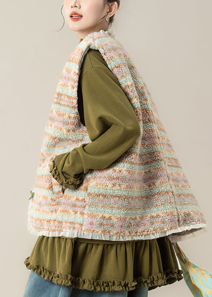 Coffee Patchwork Button Faux Fur Waistcoat Sleeveless