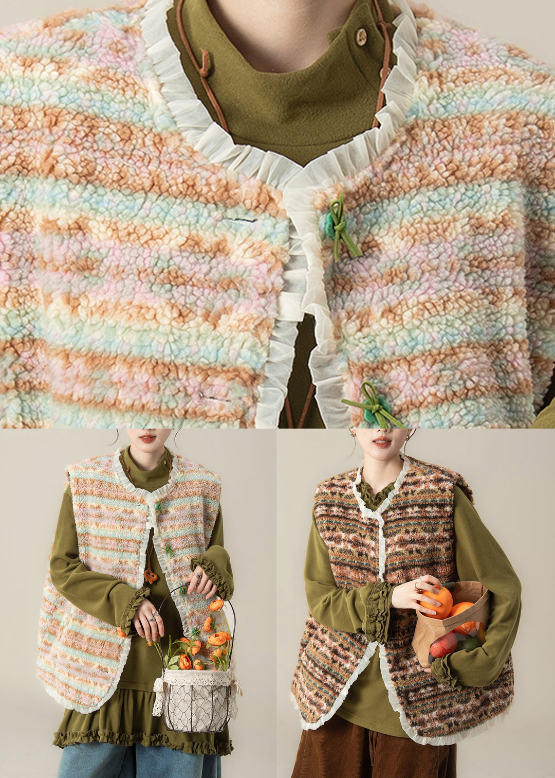 Coffee Patchwork Button Faux Fur Waistcoat Sleeveless