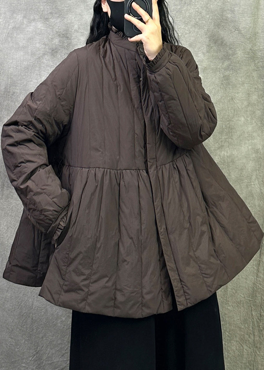 Coffee Patchwork Chic Duck Down Jackets Stand Collar Ruffled Winter
