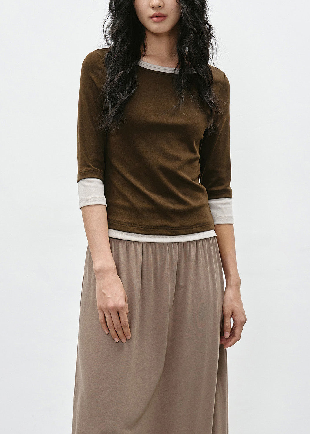 Coffee Patchwork Cotton T Shirt O Neck Bracelet Sleeve