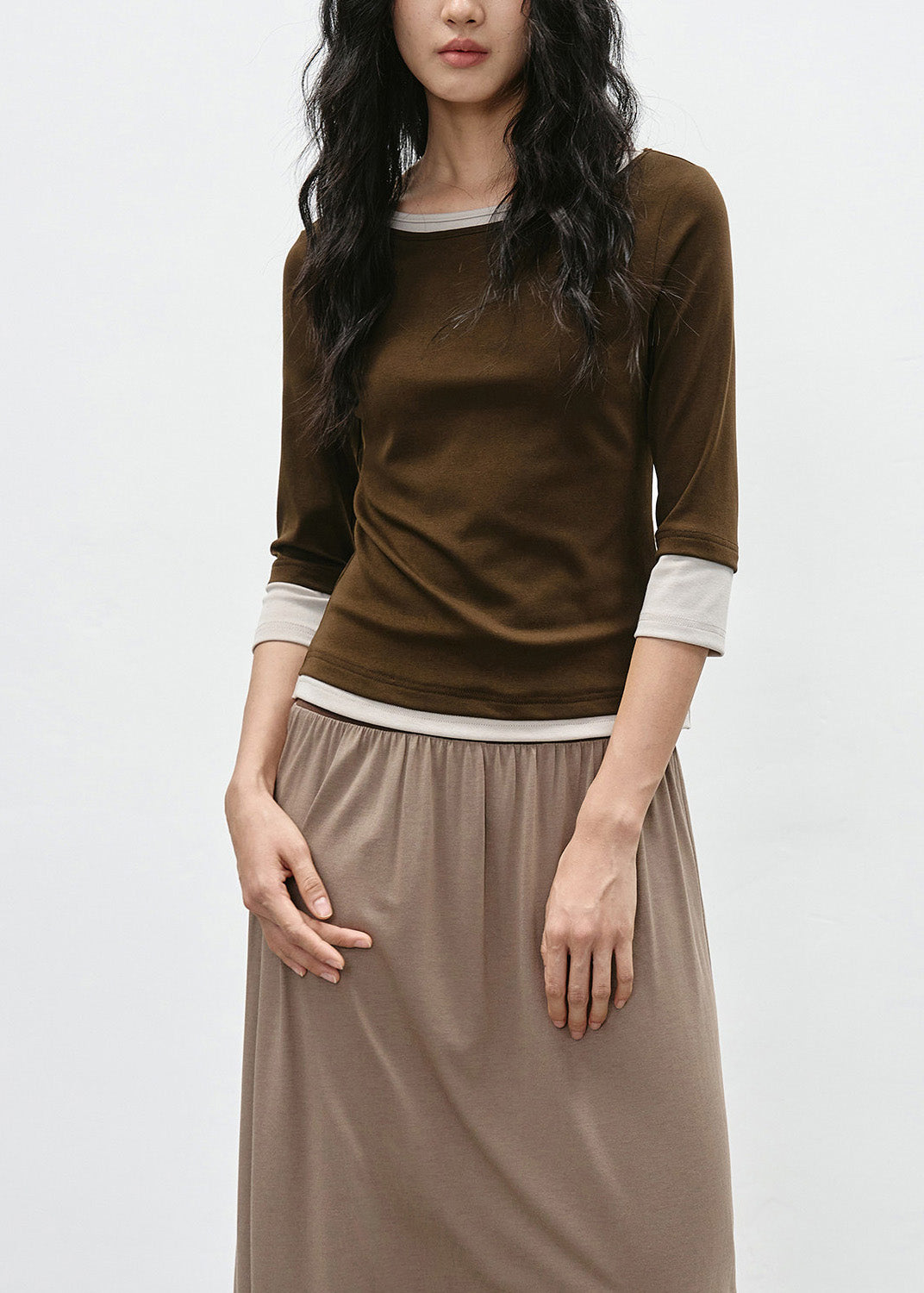 Coffee Patchwork Cotton T Shirt O Neck Bracelet Sleeve