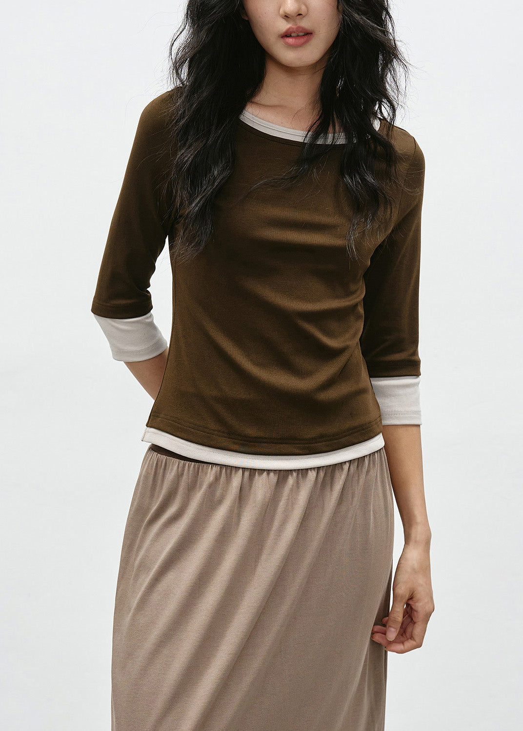 Coffee Patchwork Cotton T Shirt O Neck Bracelet Sleeve