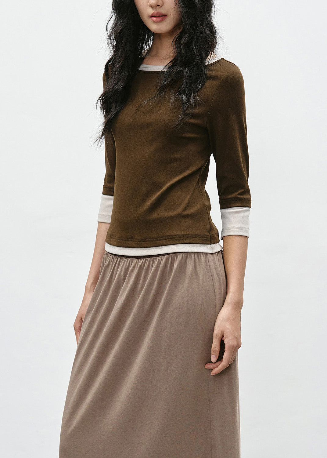 Coffee Patchwork Cotton T Shirt O Neck Bracelet Sleeve