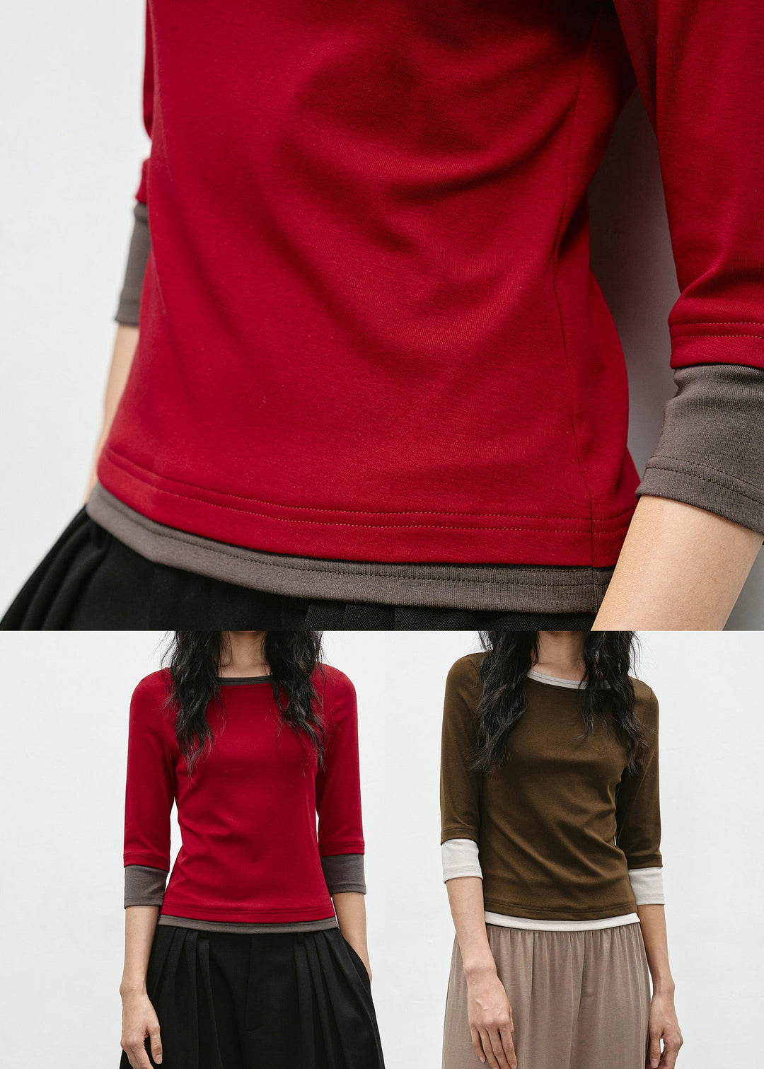 Coffee Patchwork Cotton T Shirt O Neck Bracelet Sleeve