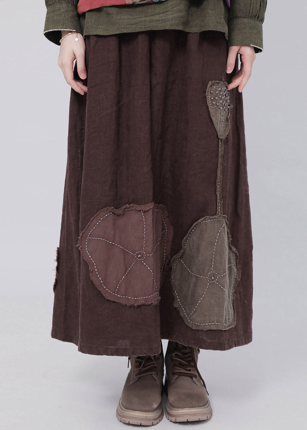 Coffee Patchwork Elastic Waist Linen Maxi Skirt