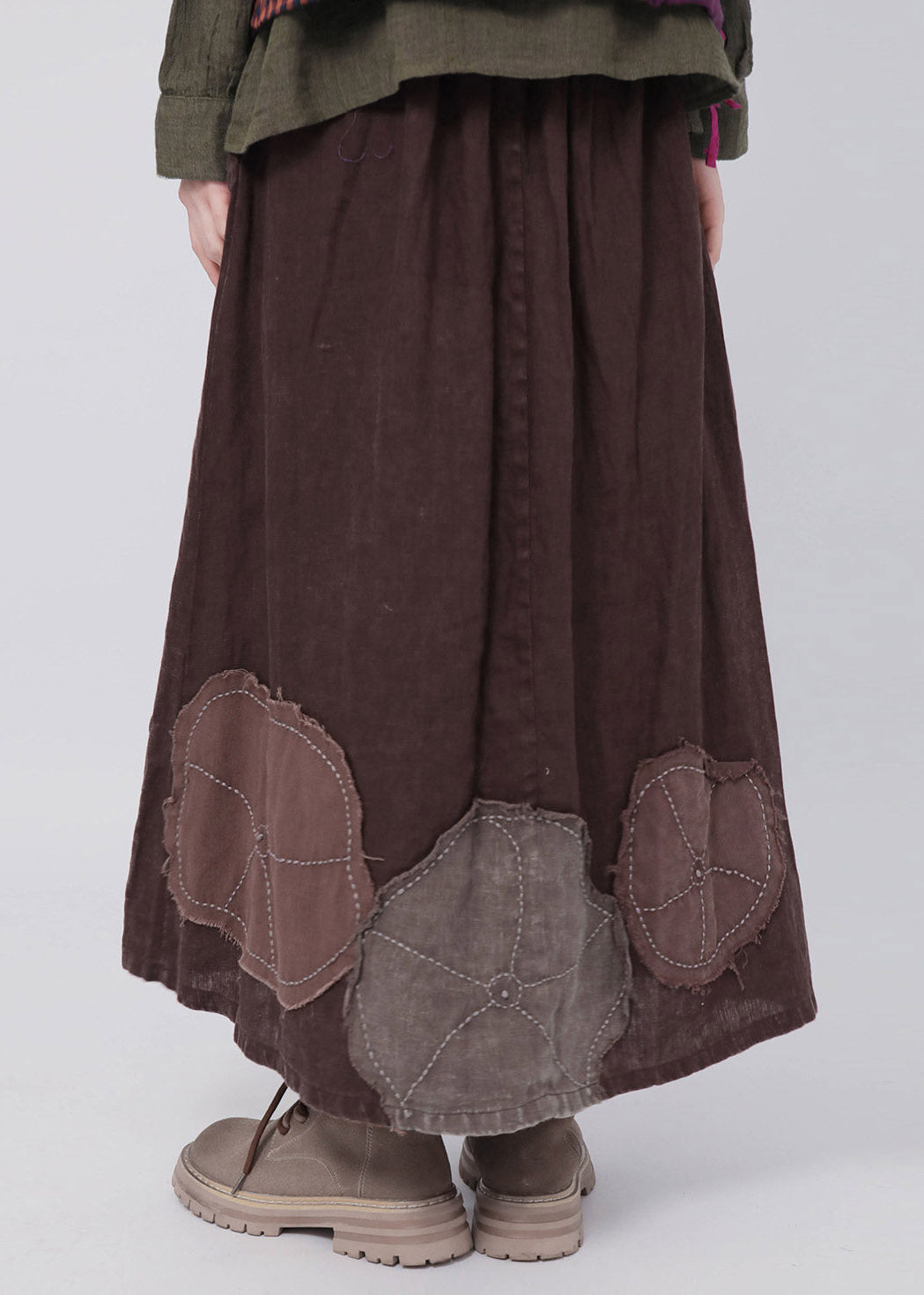 Coffee Patchwork Elastic Waist Linen Maxi Skirt