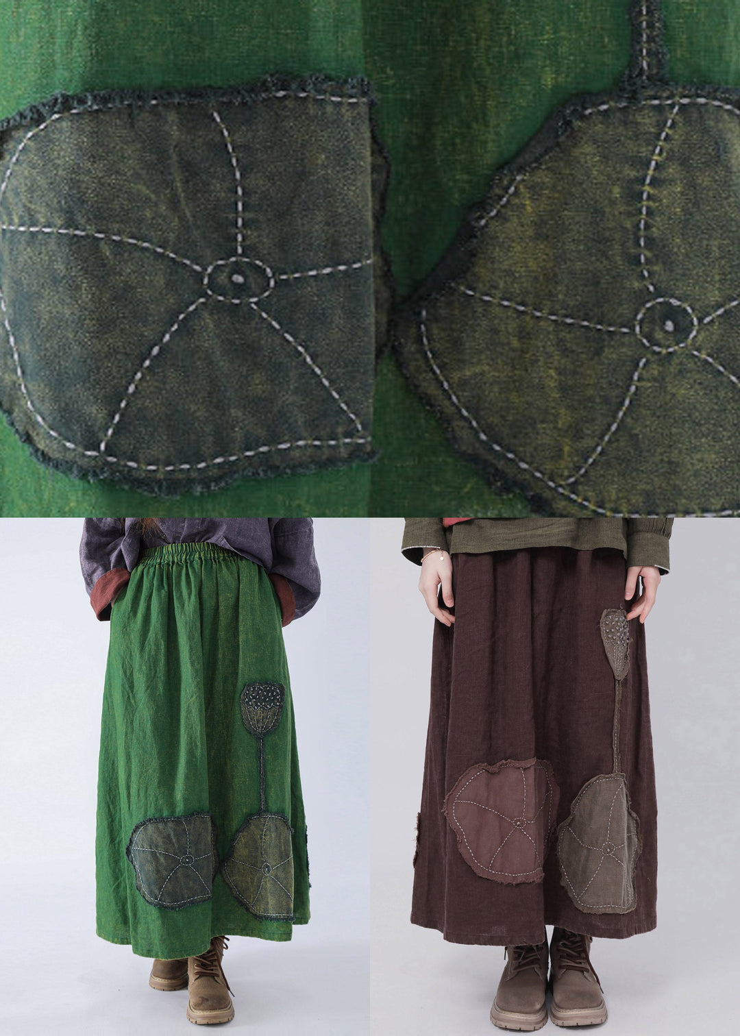 Coffee Patchwork Elastic Waist Linen Maxi Skirt