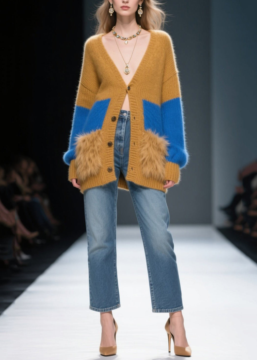 Coffee Patchwork Faux Fur Knit Cardigans Oversized Winter