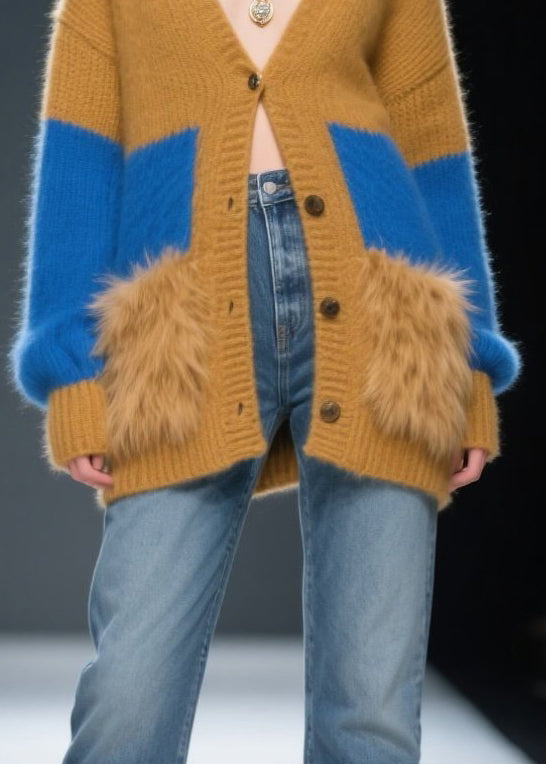 Coffee Patchwork Faux Fur Knit Cardigans Oversized Winter