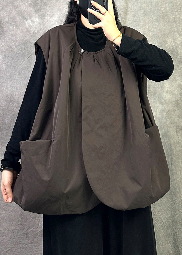 Coffee Patchwork Fine Cotton Filled Vest Tops O Neck Pockets Sleeveless