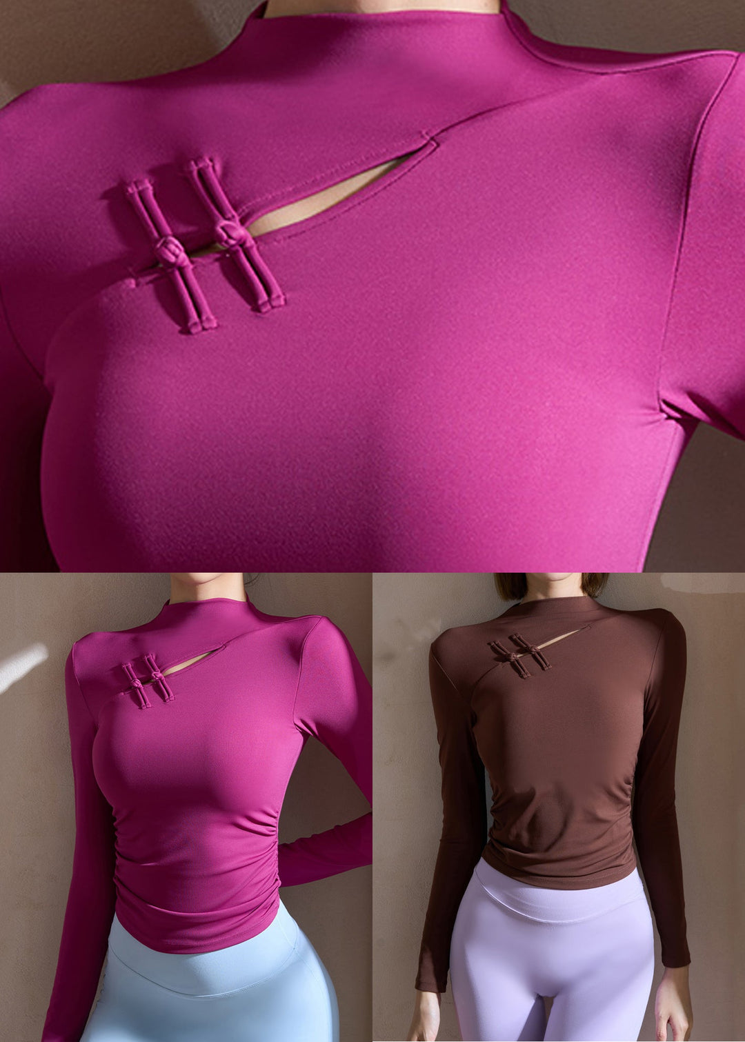Coffee Patchwork Hollow Out Button Yoga Shirts