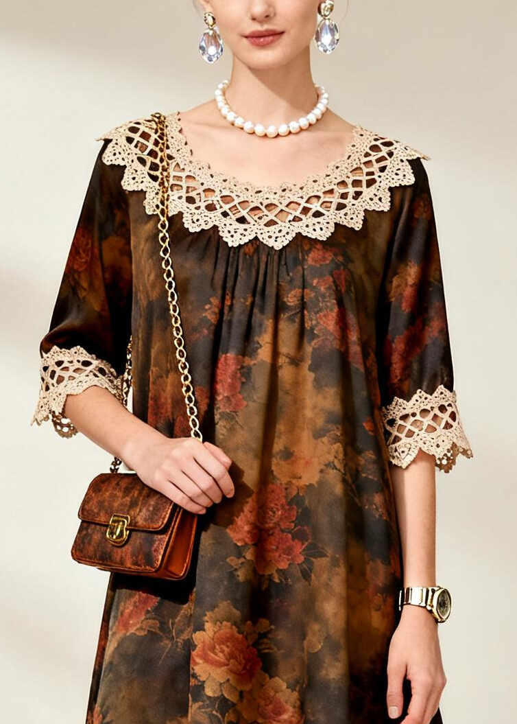Coffee Patchwork Silk Robe Dresses Oversized Print Summer