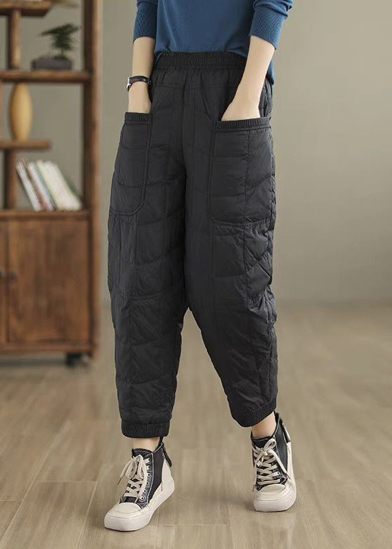 Coffee Plaid Thick Cotton Filled Pants Elastic Waist