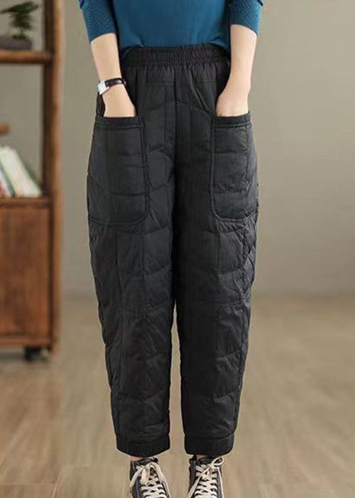 Coffee Plaid Thick Cotton Filled Pants Elastic Waist