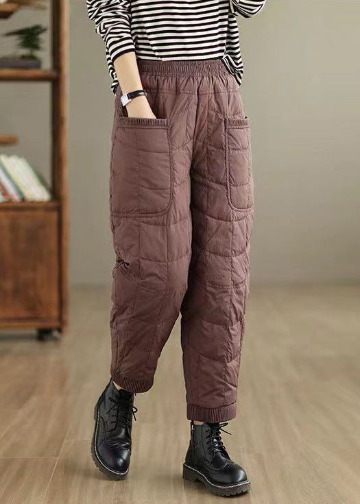 Coffee Plaid Thick Cotton Filled Pants Elastic Waist