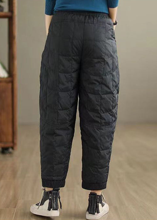 Coffee Plaid Thick Cotton Filled Pants Elastic Waist