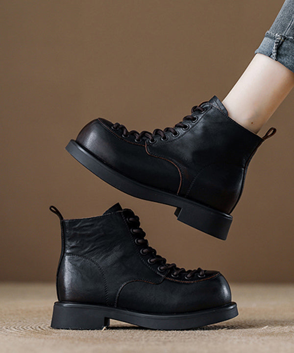 Coffee Platform Cowhide Leather Handmade Splicing Ankle Boots