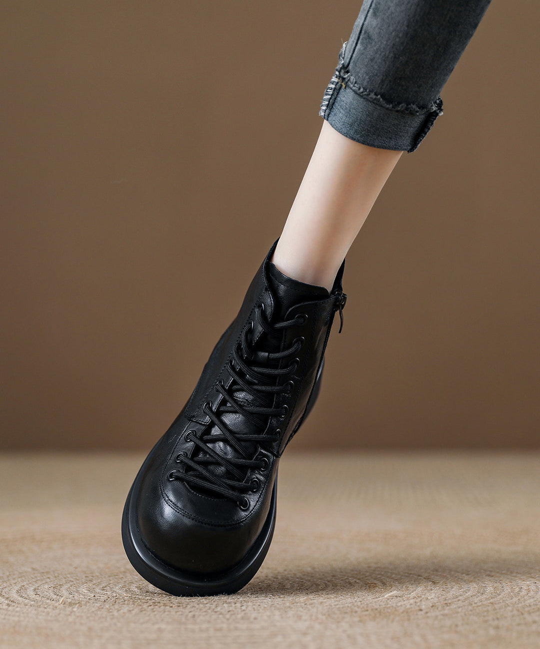 Coffee Platform Cowhide Leather Handmade Splicing Ankle Boots