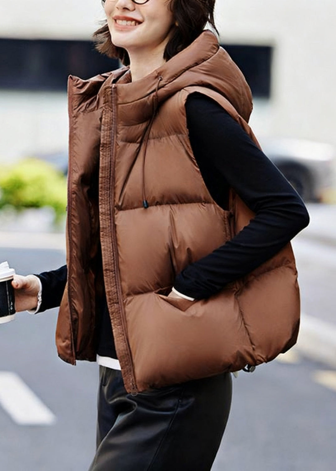 Coffee Pockets Drawstring Duck Down Waistcoat Hooded Winter