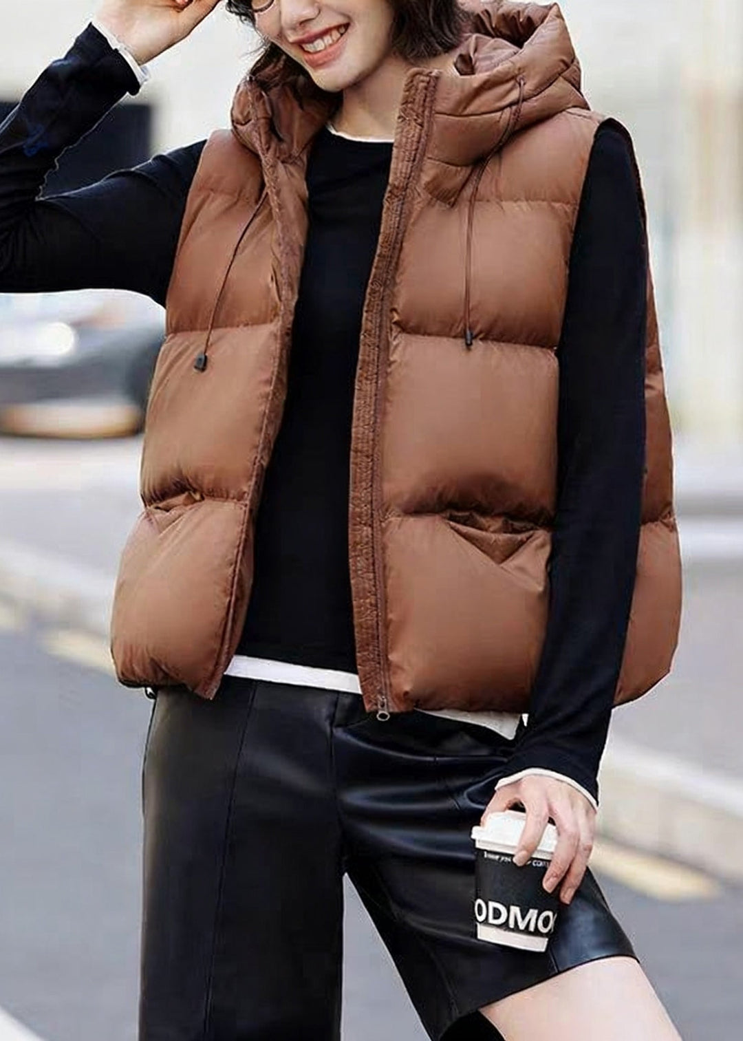 Coffee Pockets Drawstring Duck Down Waistcoat Hooded Winter